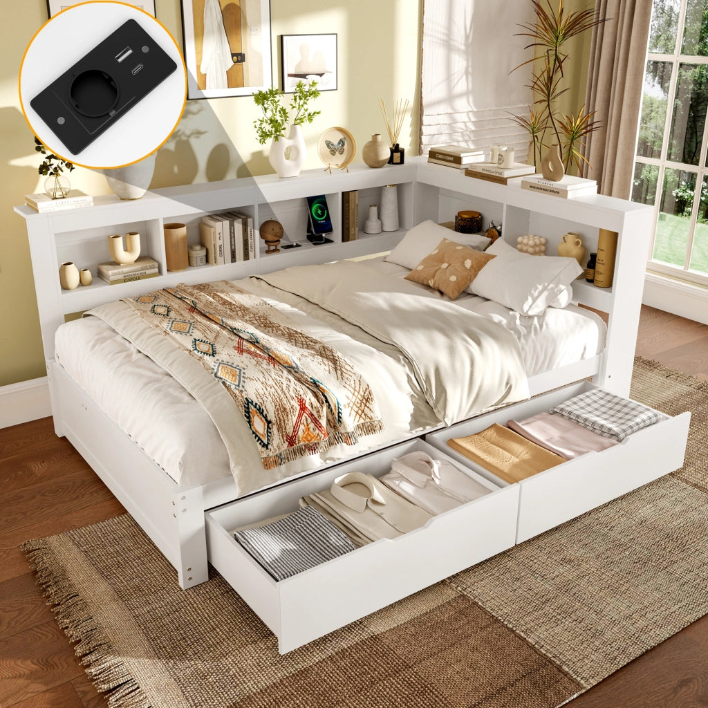 Letto a Divanetto 140x200 cm con Prese; 2 Porte USB; 2 Cassetti; in MDF e Pino; Bianco