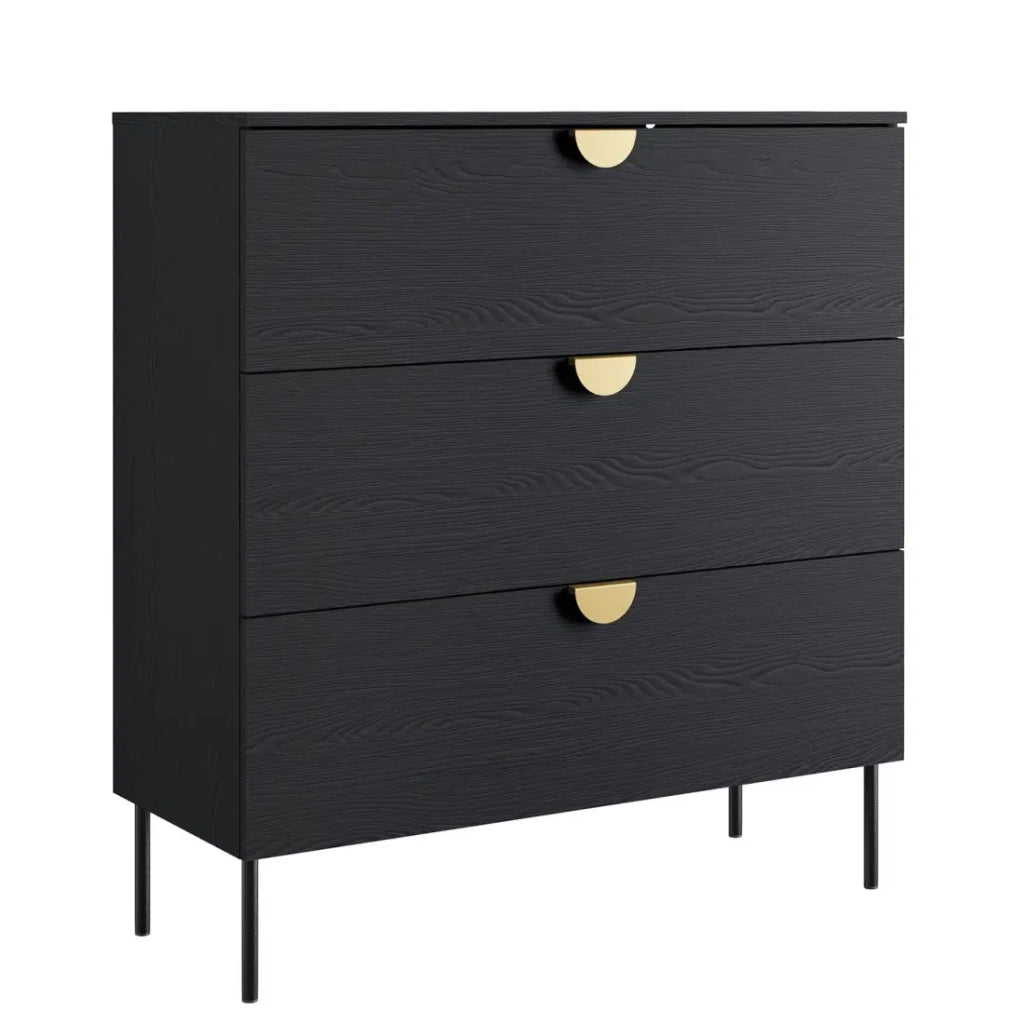 Comò MONDO – Nero strutturato e dorato – 3 cassetti – Piedi in metallo – Design moderno e funzionale