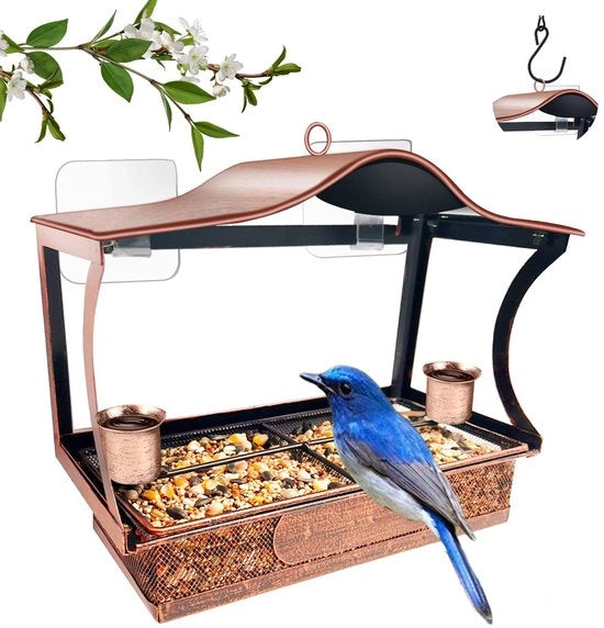 Casa alimentare per uccelli con 2 beccutenti, casa per uccelli per giardino, casa alimentare per uccelli per giardino con 2 bacini in metallo da 2 litri, attrae merli e passeri.