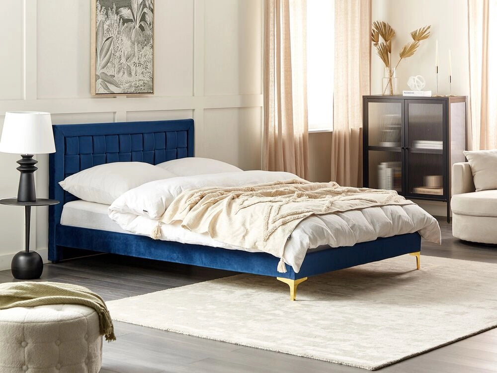 Letto Imbottito Matrimoniale 140 x 200 cm Testiera Blu Velluto Gambe Dorate