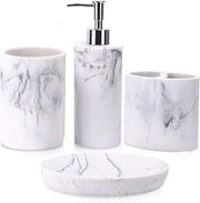 Set di accessori da bagno in marmo a 4 pezzi - dispenser di sapone, tappo per spazzolino da denti, ciotola per sapone, bicchiere da bagno