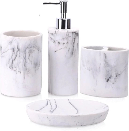 Set di accessori da bagno in marmo a 4 pezzi - dispenser di sapone, tappo per spazzolino da denti, ciotola per sapone, bicchiere da bagno