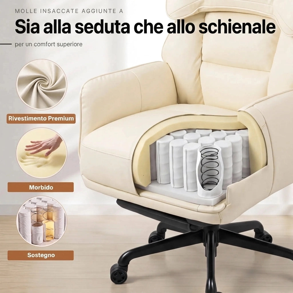 Sedia da ufficio ergonomica - Con corrimano e poggiapiedi - Con braccioli regolabili - Schienale regolabile - Beige