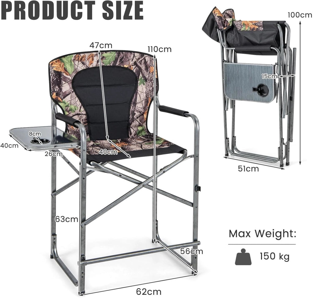 Sedia da campeggio con tavolo laterale e portabicchieri, sedia pieghevole con poggiapiedi, pieghevole da caccia, portata fino a 150 kg, sedia pieghevole per campeggio, caccia
