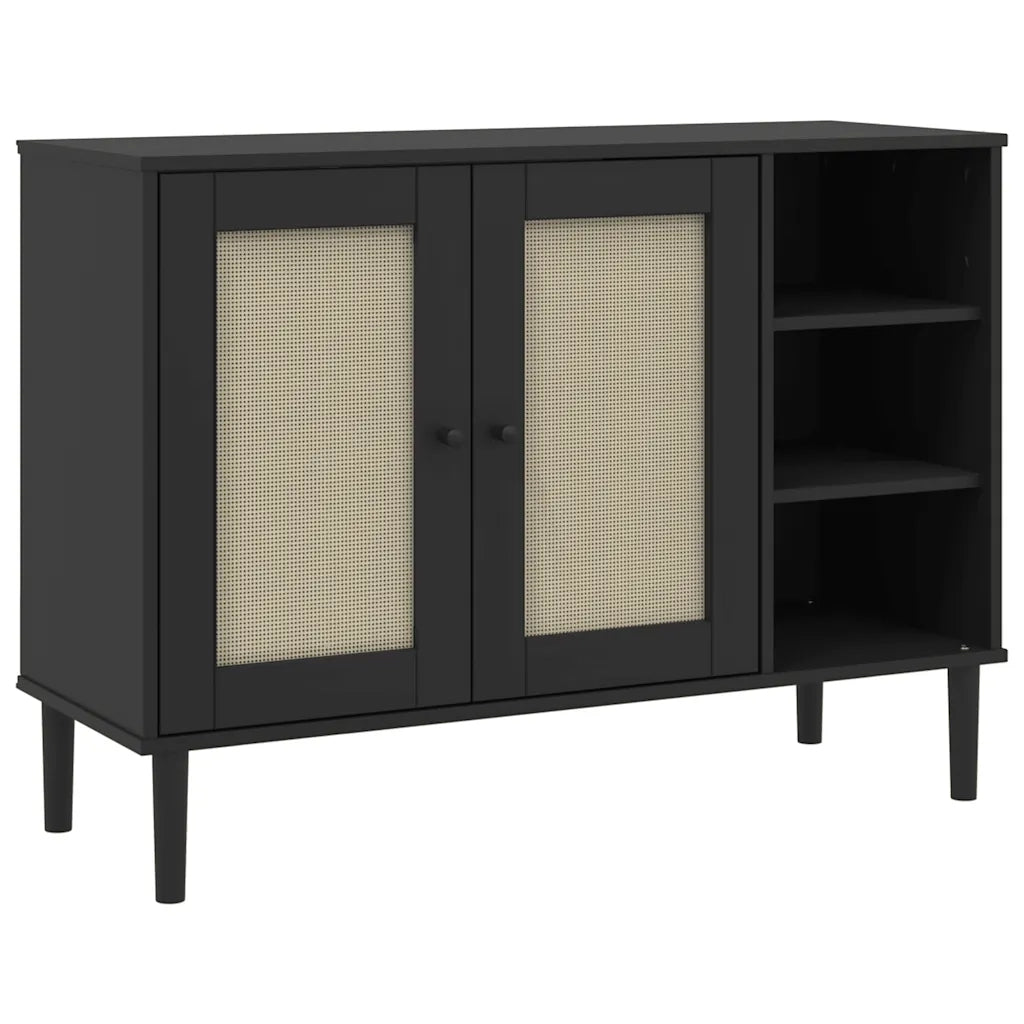 Credenza | Madia | Buffet da pranzo | Armadio da pranzo SENJA Aspetto Rattan Nero 112x40x80 cm Massello Pino