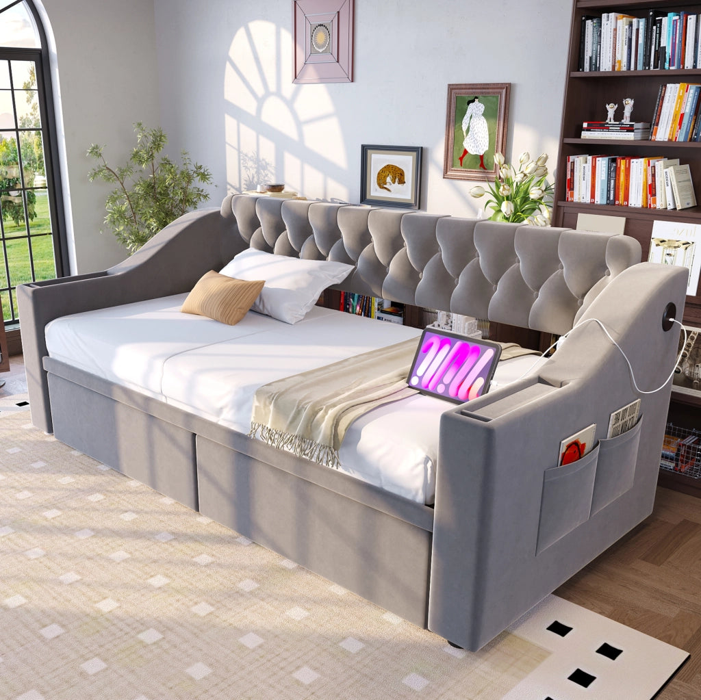 Divano letto imbottito 90x190 cm con USB, cassetti e vani