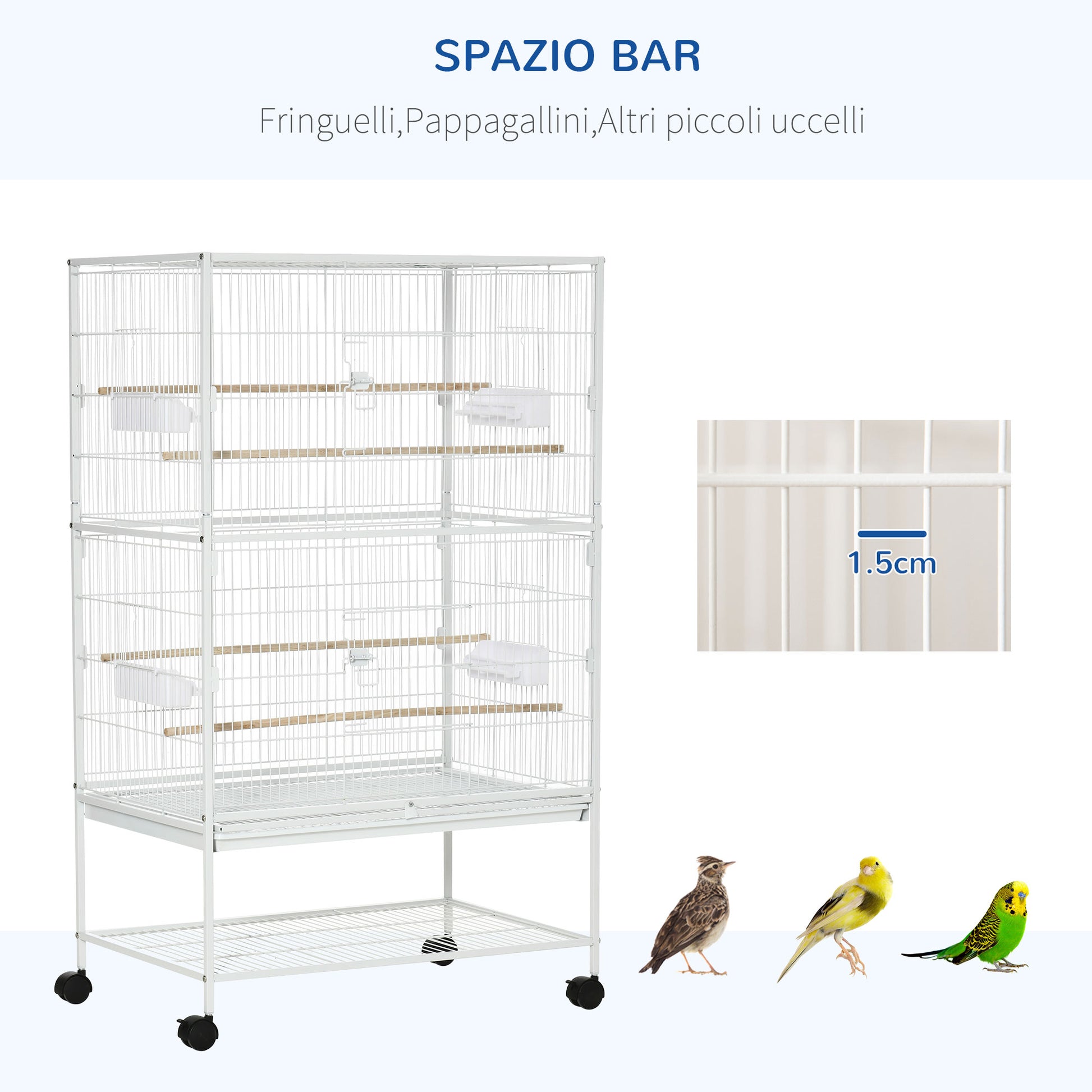 Gabbia per Uccelli da Interni 78x52x132 cm con Vassoio Estraibile 4 Ruote e Trespolo Bianco