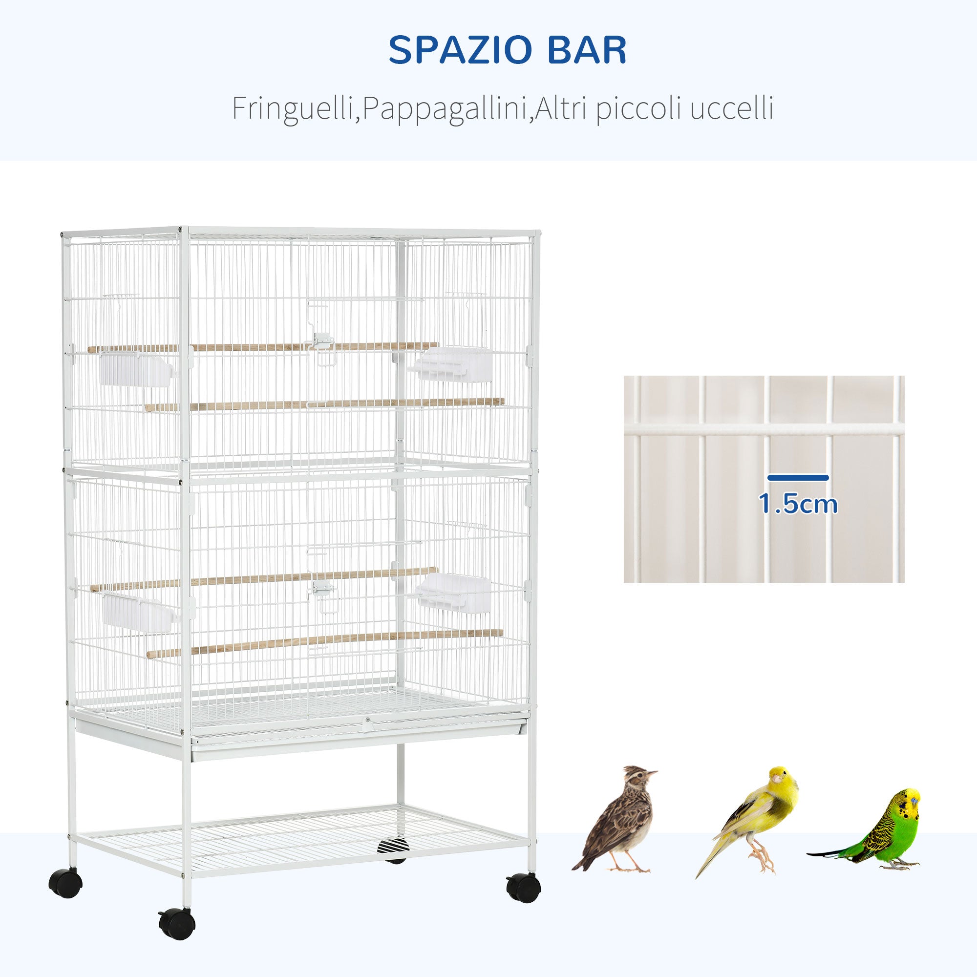 Gabbia per Uccelli da Interni 78x52x132 cm con Vassoio Estraibile 4 Ruote e Trespolo Bianco