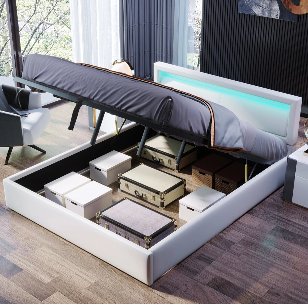 Letto imbottito 140x200 cm con LED; contenitore; rete a doghe e rivestimento in PU bianco