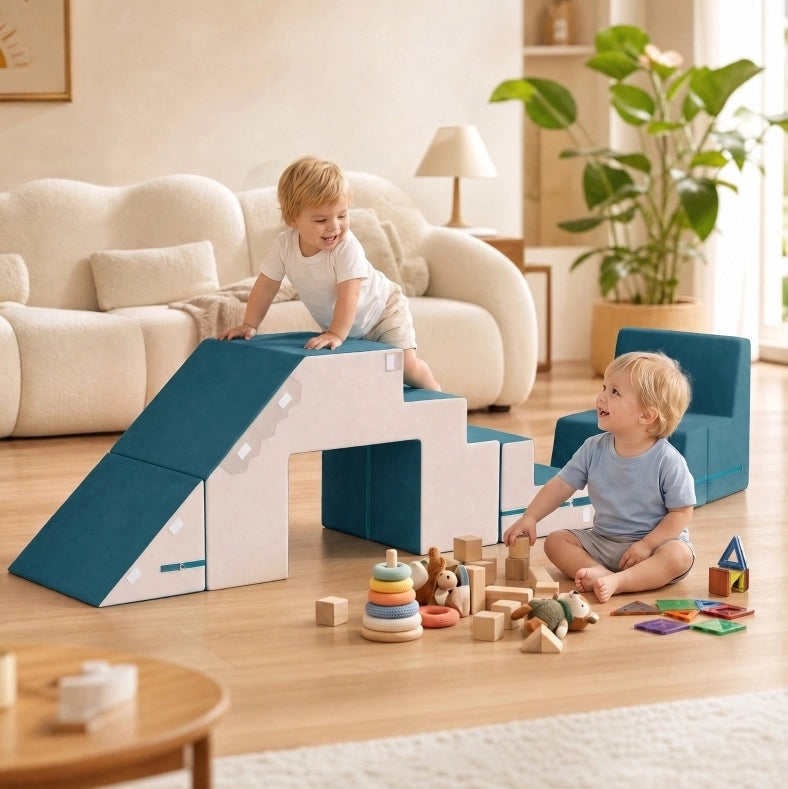 Set di moduli morbidi ULEVR per bambini, componibile per arrampicarsi e gattonare, crema e blu