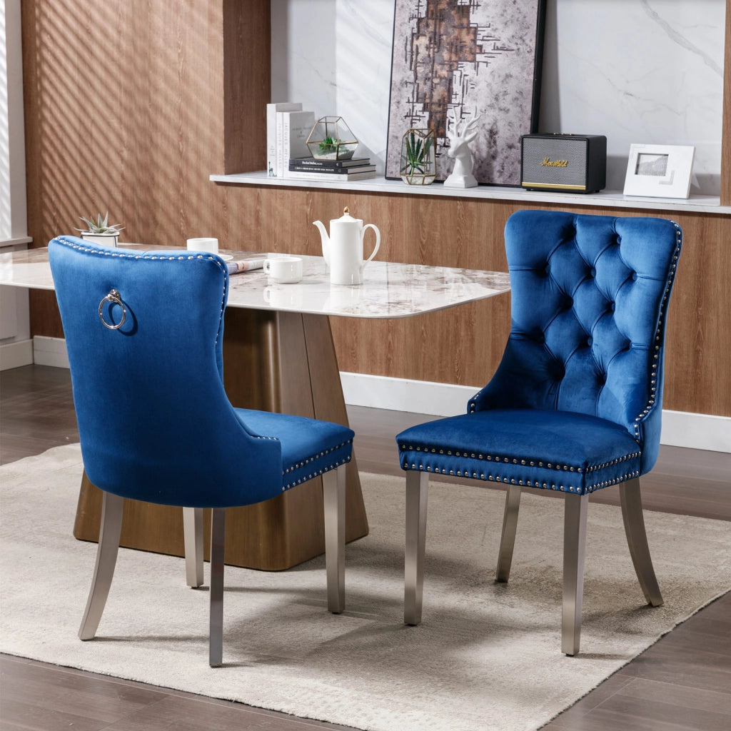 Sedie da Pranzo Imbottite in Velluto ¨C MINIMAL ¨C Set 2 Pezzi, Legno Massello, Gambe Cromate, Blu
