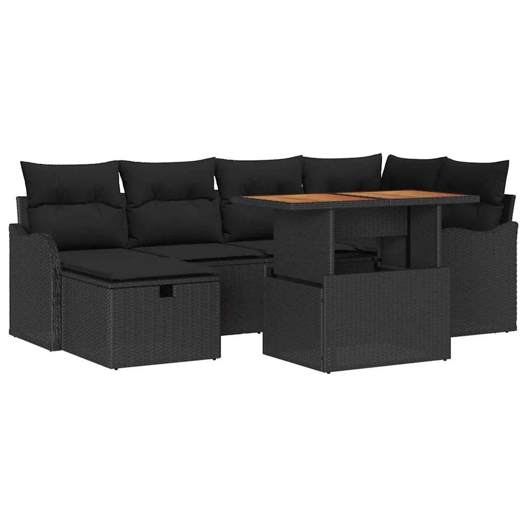 Set Divano da Giardino con cuscino 7 pcs Nero polyrattan