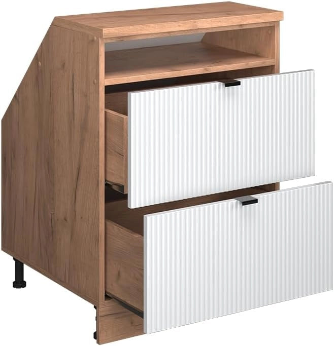 Mobile sottotetto Rion, Ondulazione bianca, 60 x 81.6 cm con 2 cassetti, carcassa 60 cm profondità, adatto per il salvaspazio sotto tetti spioventi