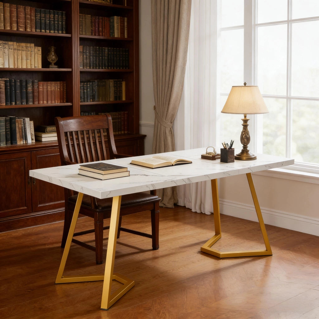 Scrivania lineare moderna e minimalista con piano in legno e gambe in metallo, per ufficio e soggiorno, bianco oro