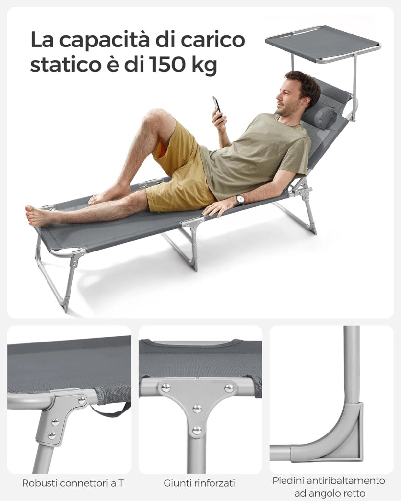 SONGMICS Lettino Prendisole, Sedia a Sdraio Pieghevole, 193 x 53 x 29 cm, Max Portata 150 kg, con Poggiatesta Parasole e Schienale Reclinabile, per Terrazzo Piscina Giardino, Grigio Scuro GCB19UV1