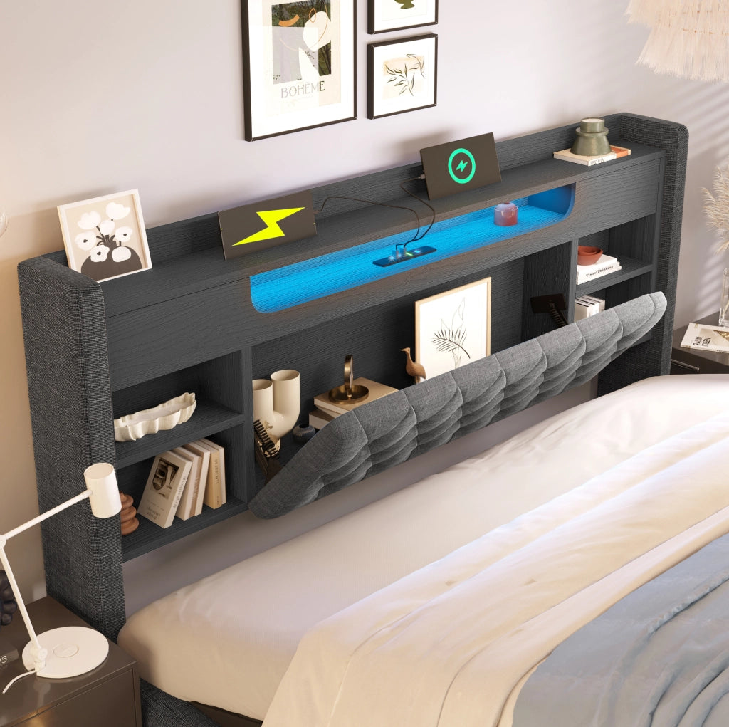 Letto imbottito 180x200 cm con contenitore idraulico, LED e prese di ricarica