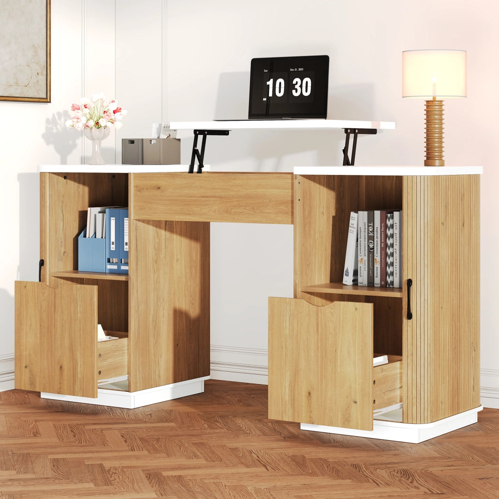 Scrivania regolabile in altezza con 2 cassetti in MDF bianco e rovere