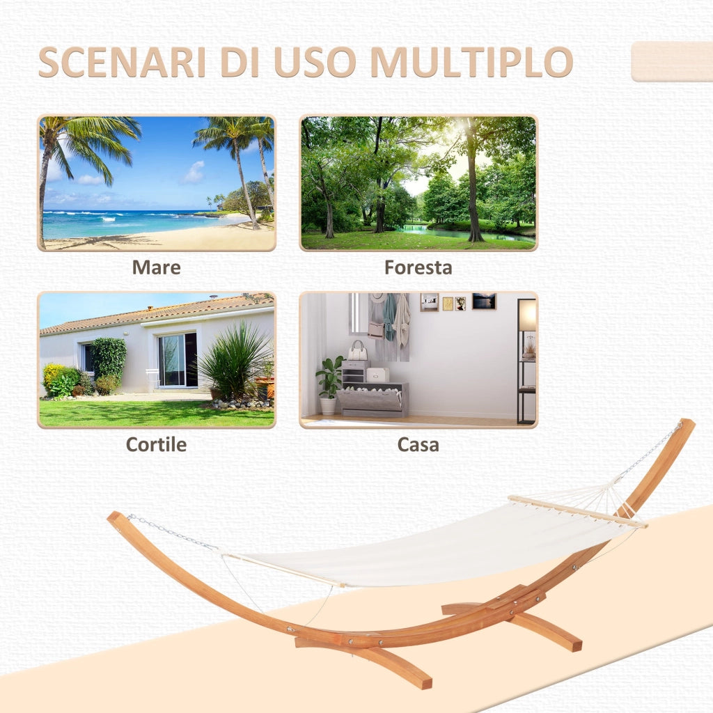 Amaca da Giardino 392x120x102 cm con Supporto in Legno di Pino e Cotone Bianca