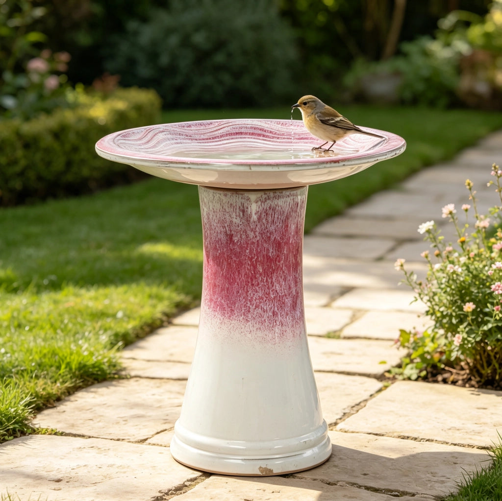 Fontana da giardino in ceramica fatta a mano con vasca ampia e piede alto, smaltatura bianca e rosa per esterni