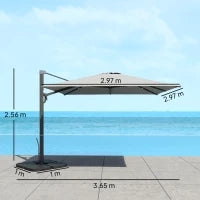 Ombrellone a Sbalzo con Manovella e Base a Croce, in Poliestere, Alluminio e Metallo, 365x297x256 cm, Grigio Chiaro