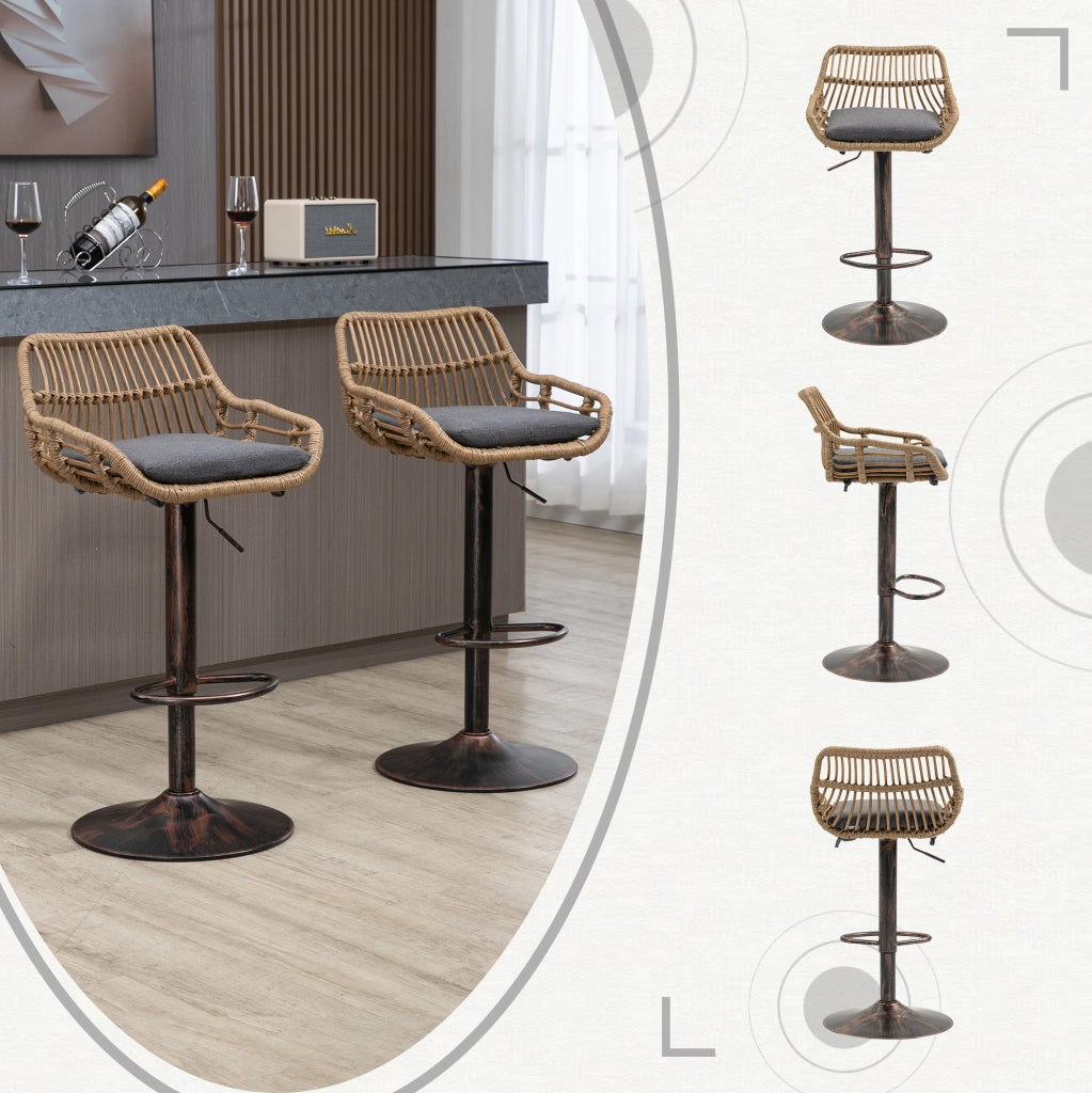 Set di 2 sgabelli da bar girevoli con altezza regolabile; in rattan e lino grigio; 49x48x89-109 cm