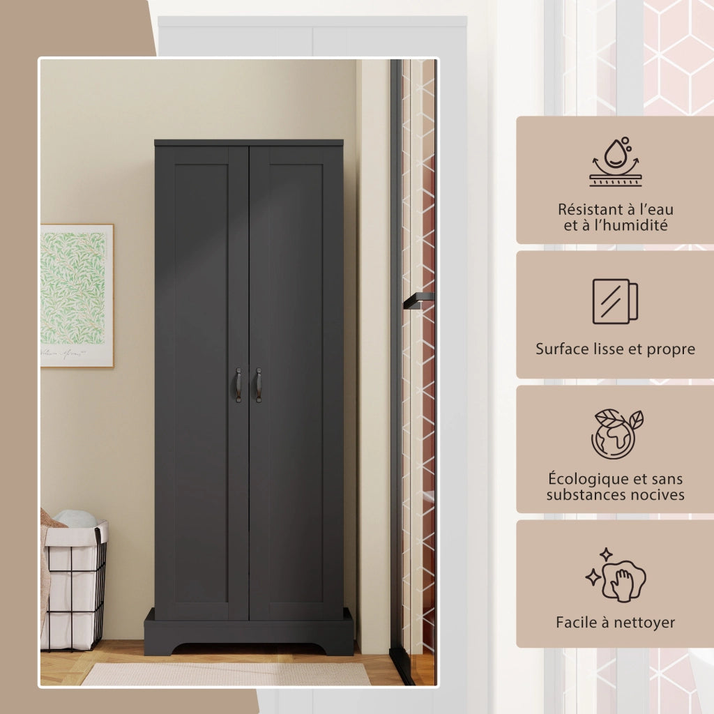 Armadietto da bagno con 2 ante, 4 ripiani regolabili e chiusura soft-close, per bagno, nero, 56 × 40 × 170 cm