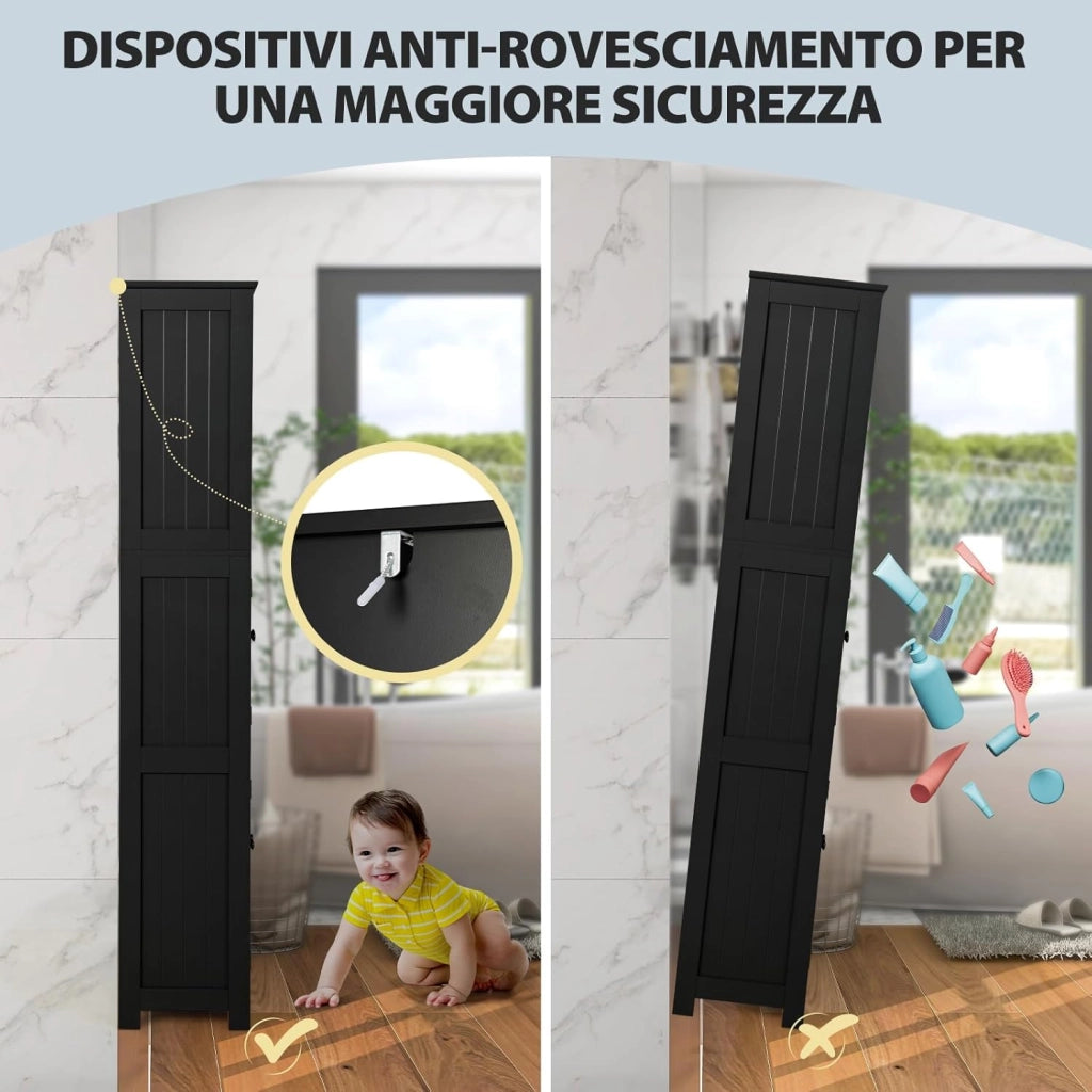 Armadio da Bagno, Mobiletto Alto da Terra con 2 Armadietti e Ripiani Regolabili, con Ante in Vetro, Mobile Portaoggetti Multiusi per Bagno e Soggiorno, 60x30x163 cm (Nero)