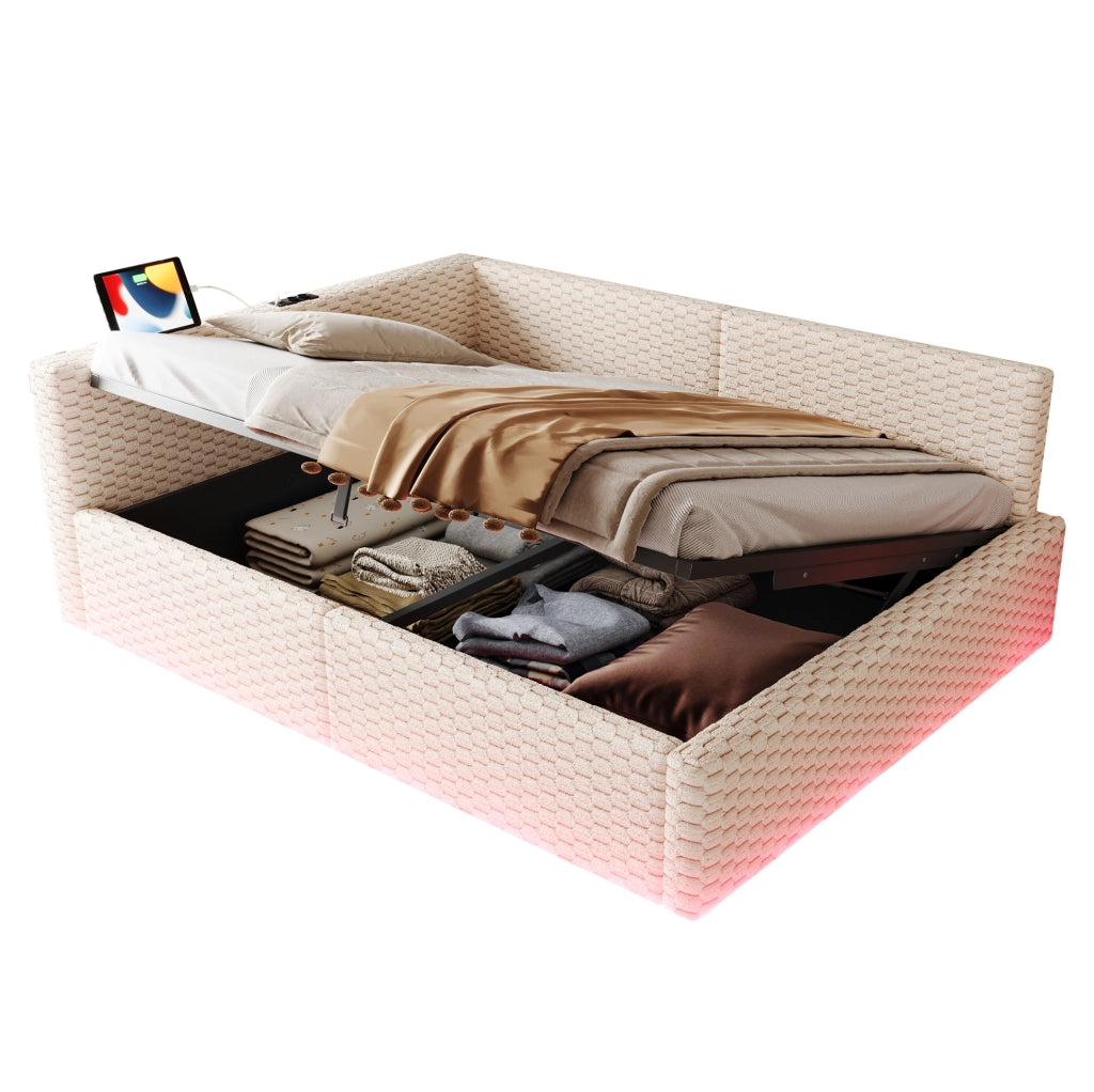 Letto imbottito 140x200 cm con contenitore, LED e porte USB/Type-C