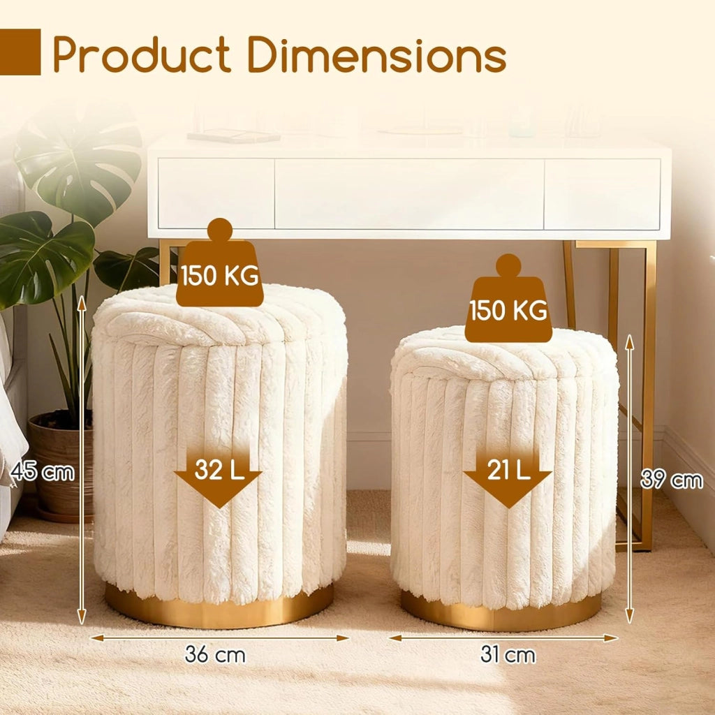 Set di 2 Pouf Rotondi 32 L + 21 L, Pouf Poggiapiedi Imbottito in Pelo di Coniglio con Coperchio Rimovibile e Contenitore Nascosto, Sgabelli Impilabili per Soggiorno e Camera da Letto, Beige