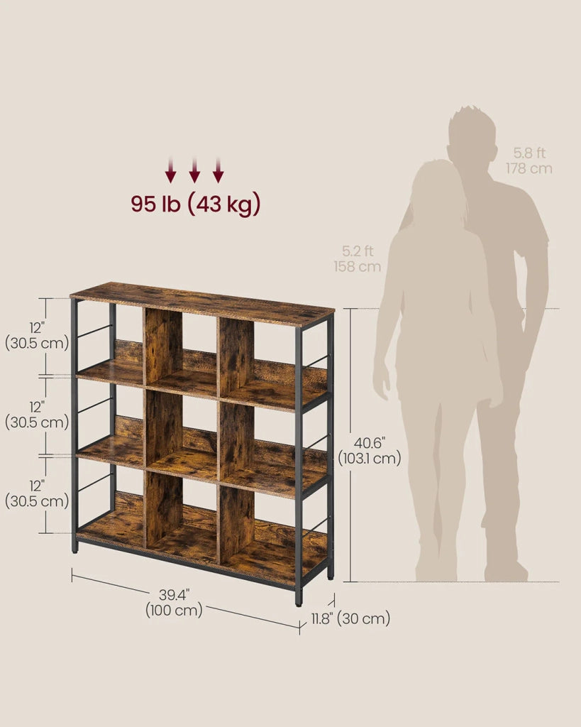 Mobile contenitore a 3 ripiani libreria in stile industriale 9 cubi per soggiorno ufficio corridoio cucina 100 x 30 x 103 cm marrone 12_0006396