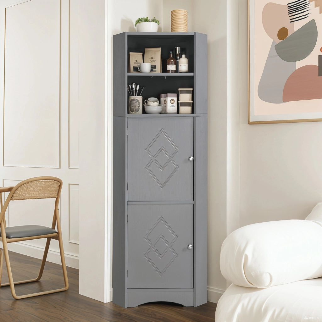 Armadietto da bagno angolare con ripiano regolabile e vani aperti, per bagno, in truciolare, grigio, 36.5 × 36.5 × 155 cm