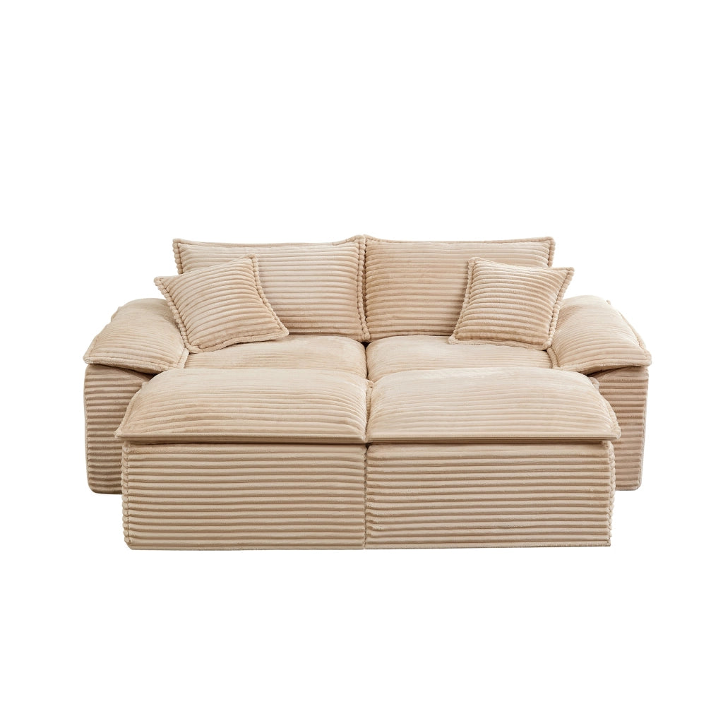 Divano a 2 posti in tessuto a coste con pouf, schiuma ad alta resilienza e molle, beige 206 × 158 × 66 cm
