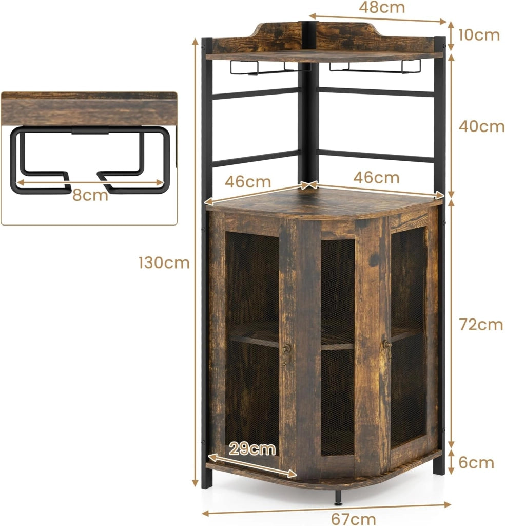 Cantinetta Portabottiglie in Legno, Mobiletto Bar con Porta Bicchieri in Vetro, Porte in Metallo e Ripiano Regolabile, Angolo Bar per Soggiorno, Sala da Pranzo, 48x48x130cm (Marrone)