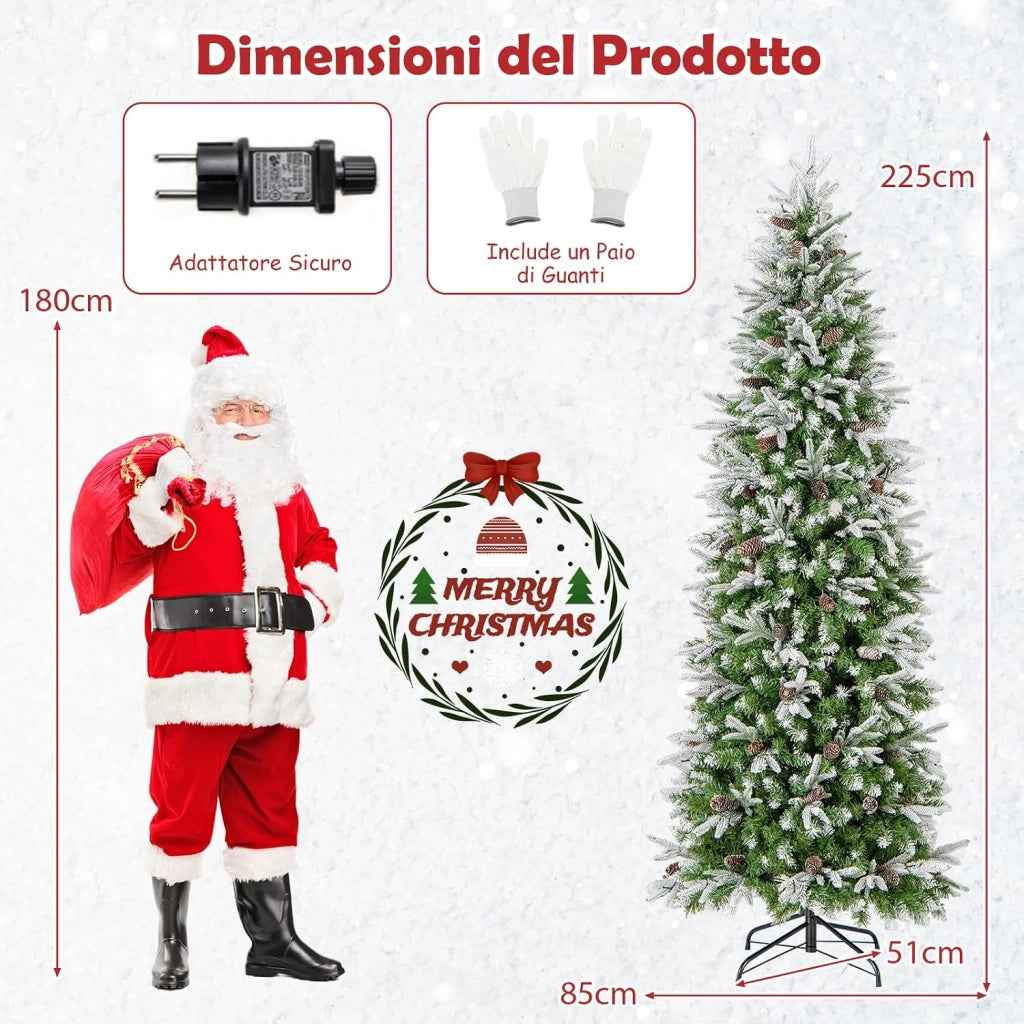 Albero di Natale Slim Pre-Luminoso 225 CM, Albero di Natale Artificiale Innevato con 350 Luci LED Bianche Calde, Rami Articolati e 913 Punte e 75 Pigne (225 CM)