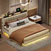 Letto matrimoniale - Xylo - 160x200 cm - Beige - Illuminazione LED e contenitore