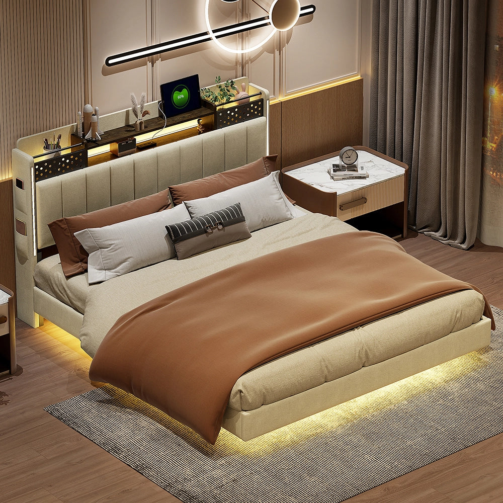 Letto matrimoniale - Xylo - 160x200 cm - Beige - Illuminazione LED e contenitore