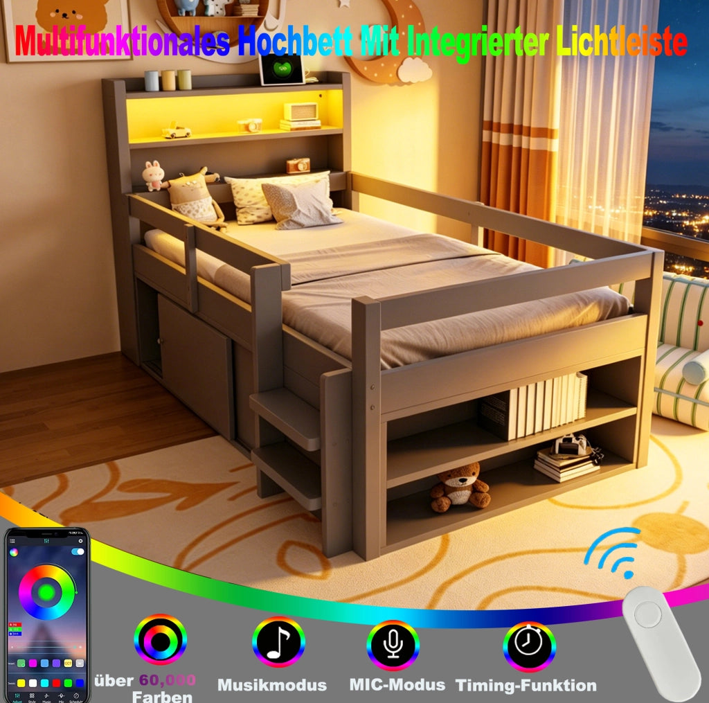 Letto multifunzione per bambini 90x200 cm in legno grigio con ripiani; LED e USB