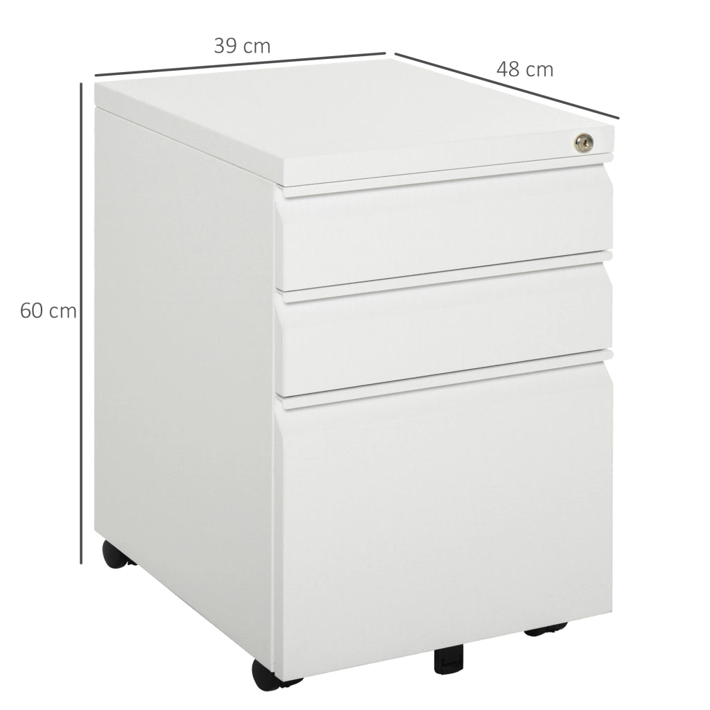 Mobiletto da ufficio mobile con 3 cassetti e ruote, in acciaio compatto con maniglia concava, colore bianco, dimensioni 39x48x60 cm.