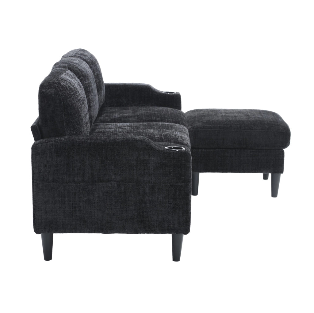 Divano 4 posti con pouf contenitore e portabicchieri 196;5x75x77 cm; chenille nero