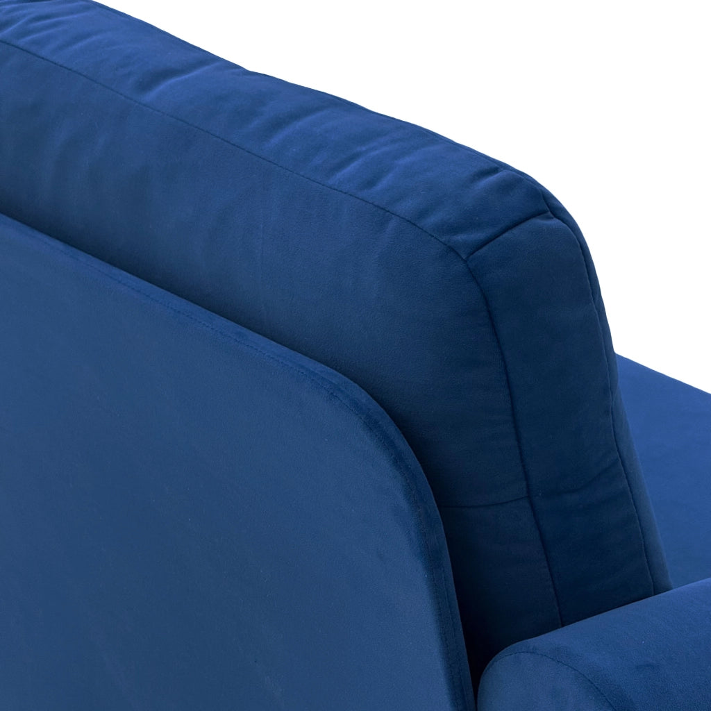 Divano compatto in tessuto blu con cuscini sfoderabili e struttura in metallo e legno; lunghezza 173.5 cm