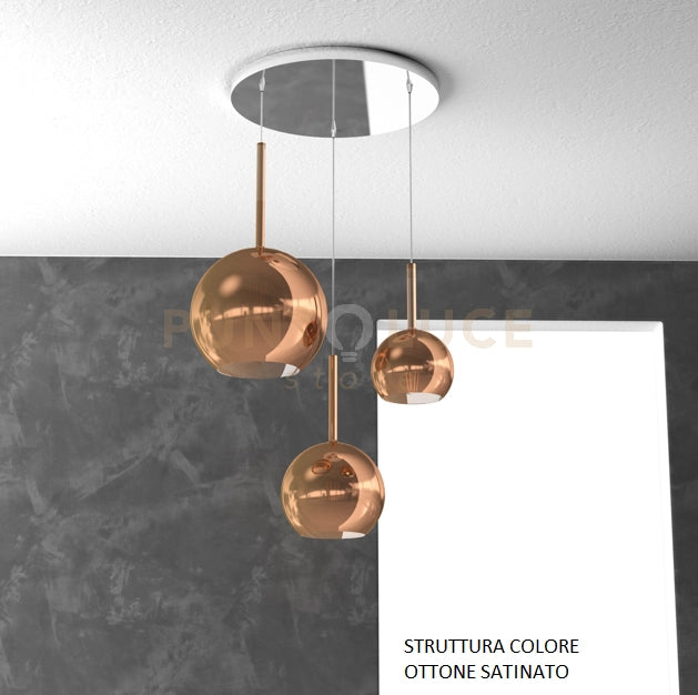 SOSP. OTTONE SAT. TONDA 3 LUCI VETRI (1 GRANDE+1 MEDIO+1 PICCOLO) TUTTI RAME 1155OS-S3 TMIX-RA
