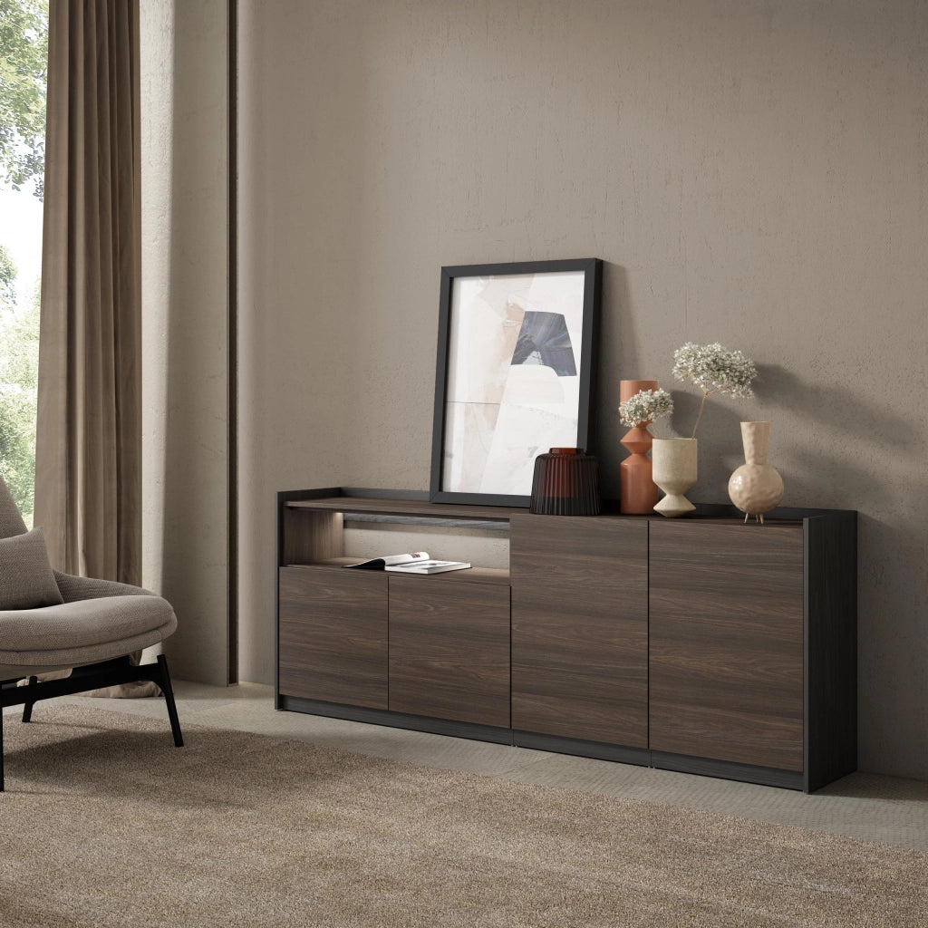 Credenza, Mobile, Cucina, 207x80x37 cm, 4 Porte, LED, Rovere scuro e Nero
