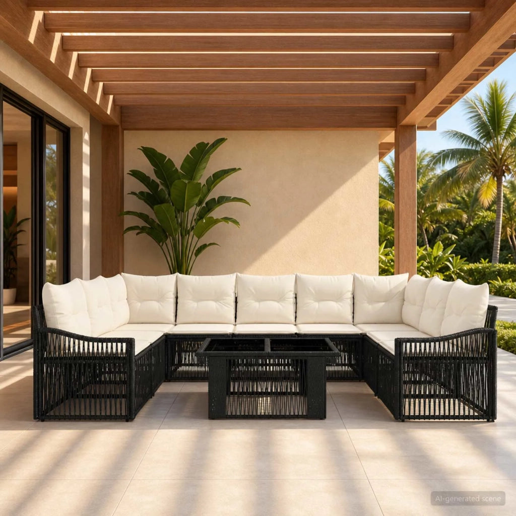 Set Divano da Giardino 10 pz Nero e Bianco Crema polyrattan 3437296