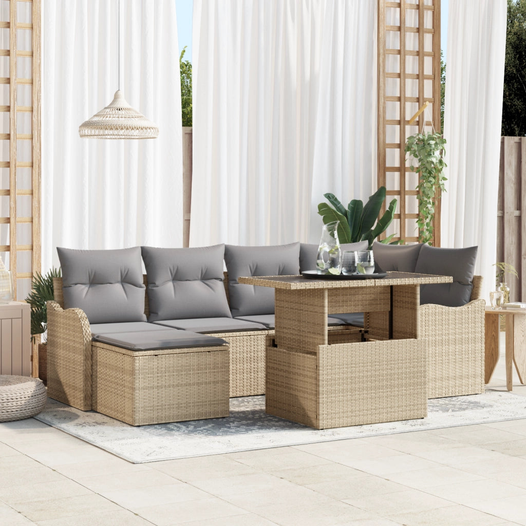 Set Divano da Giardino a 7 Pezzi con Cuscini Beige in Vimini