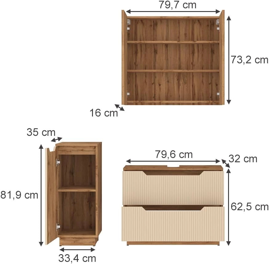 Set di mobili da bagno Lotta, Rovere/cashmere a righe, 3 parti