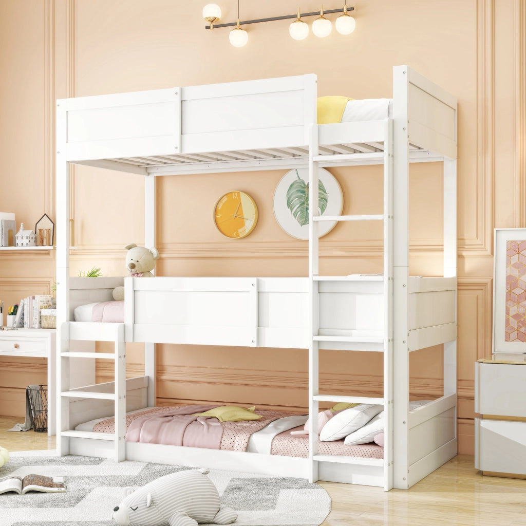 OKWISH Letto a Castello 90×200 cm, Letto 3 Posti con Sponde di Sicurezza e Struttura Modulare, senza Materasso, in Legno, Bianco