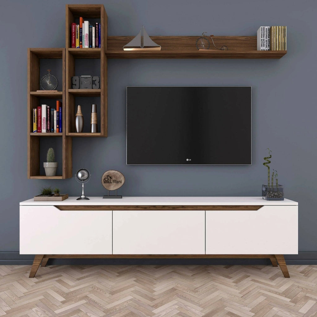 Parete attrezzata Atax, Composizione soggiorno, Mobile salotto multiuso, Armadio porta TV, 180x35h49 cm, Bianco e Noce