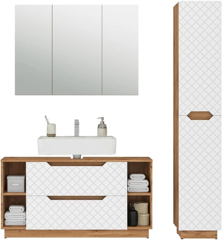 Set di mobili da bagno Lotta, Rovere/bianco con struttura in piastrelle, 3 parti