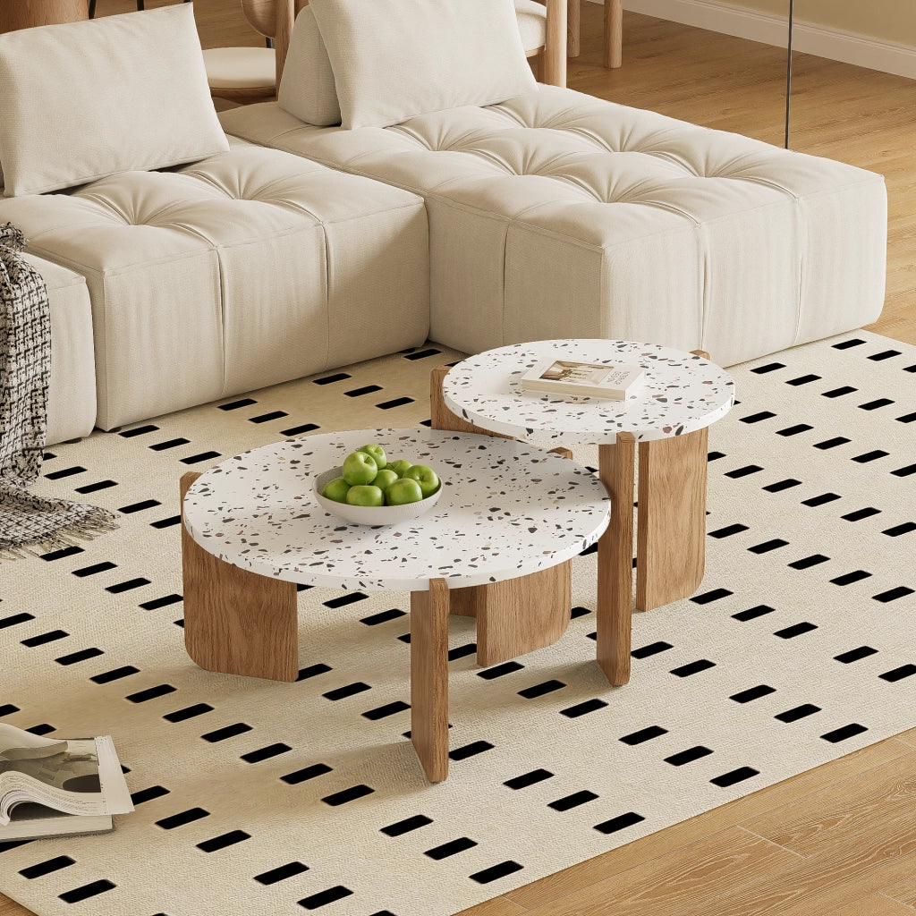 Tavolini da Caffè Rotondi Impilabili con Piani Decorati; Design Salvaspazio per Soggiorno; MDF; Naturale