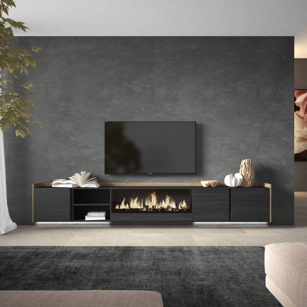 Mobile TV Soggiorno, 315x50x35 cm, Per TV fino a 80", Camino elettrico XXL, Sospeso, da appendere, LED, Nero e rovere